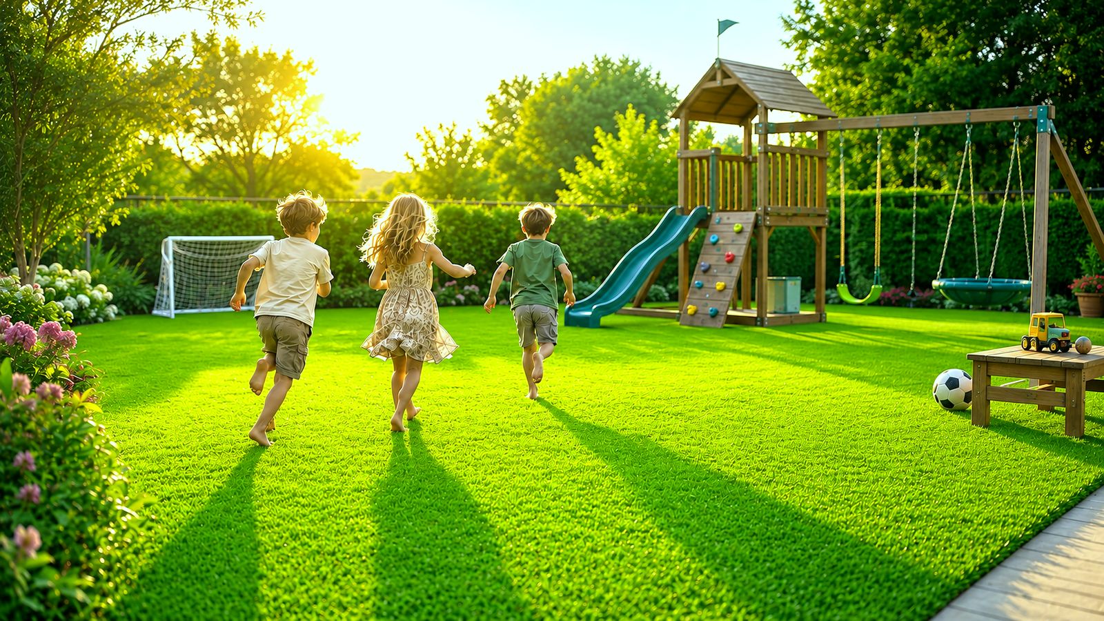 Children riding bikes toward a backyard playground on a lush green lawn