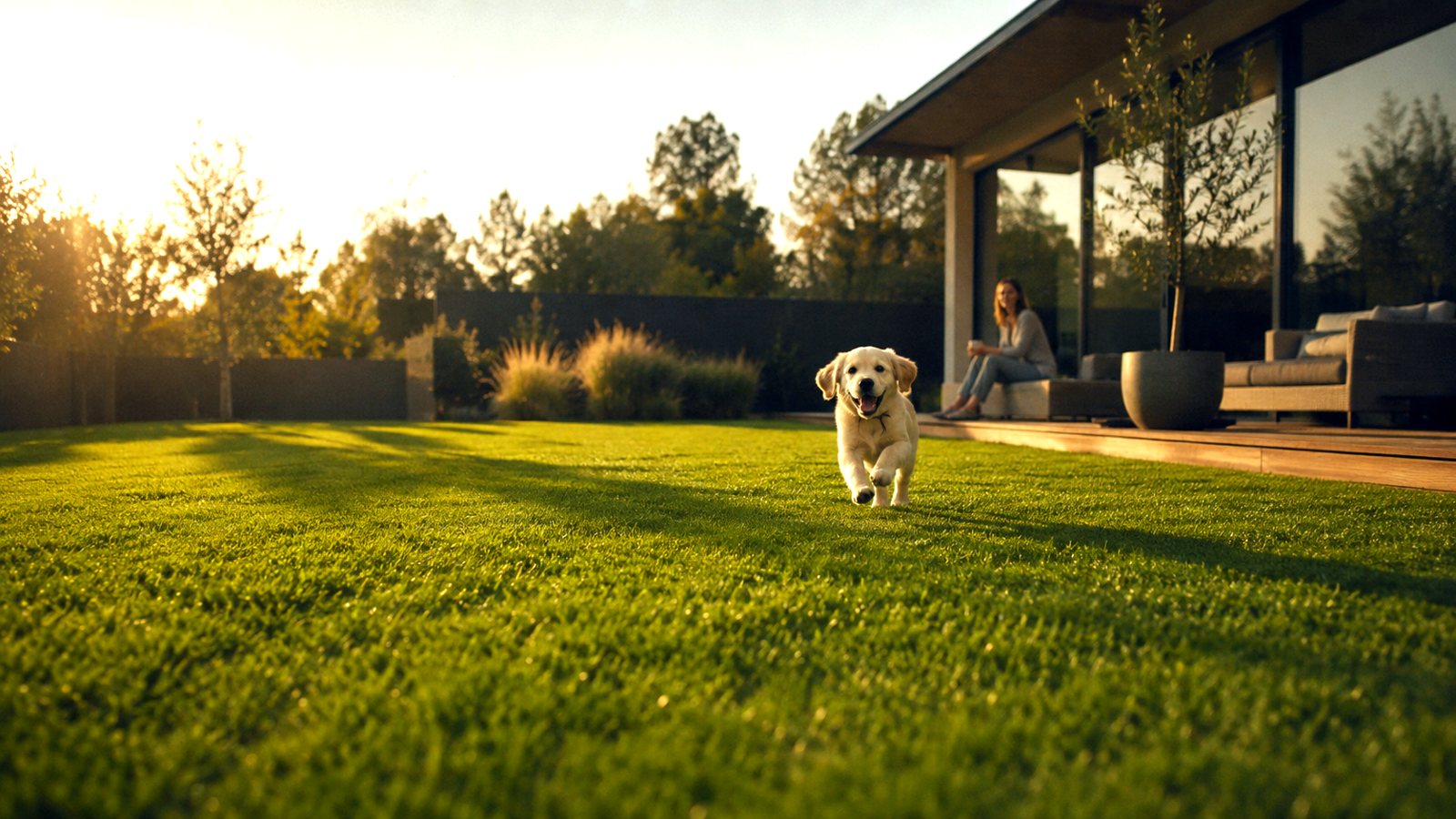 A dog running across a clean green lawn